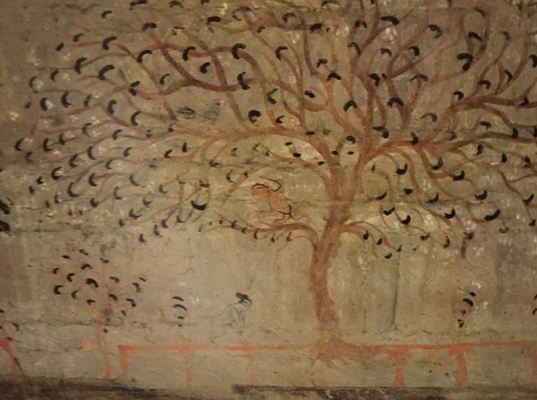 Tree with animal and nude figure, south wall, Dingjiazha tomb 5, Jiuquan, Gansu province, wall painting, Later to Northern Liang period (386-441). Wall Paintings of the Sixteen Kingdoms Tomb at Jiuquan, First ed. (Beijing: Wenwu chubanshe, 1989).