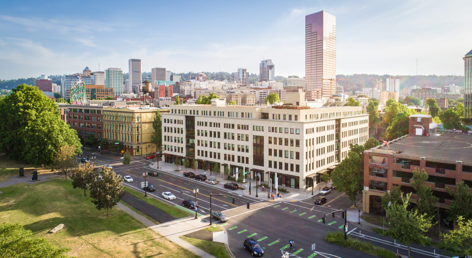 A side-aerial view of the 38 NW Davis building taken from the waterfront.